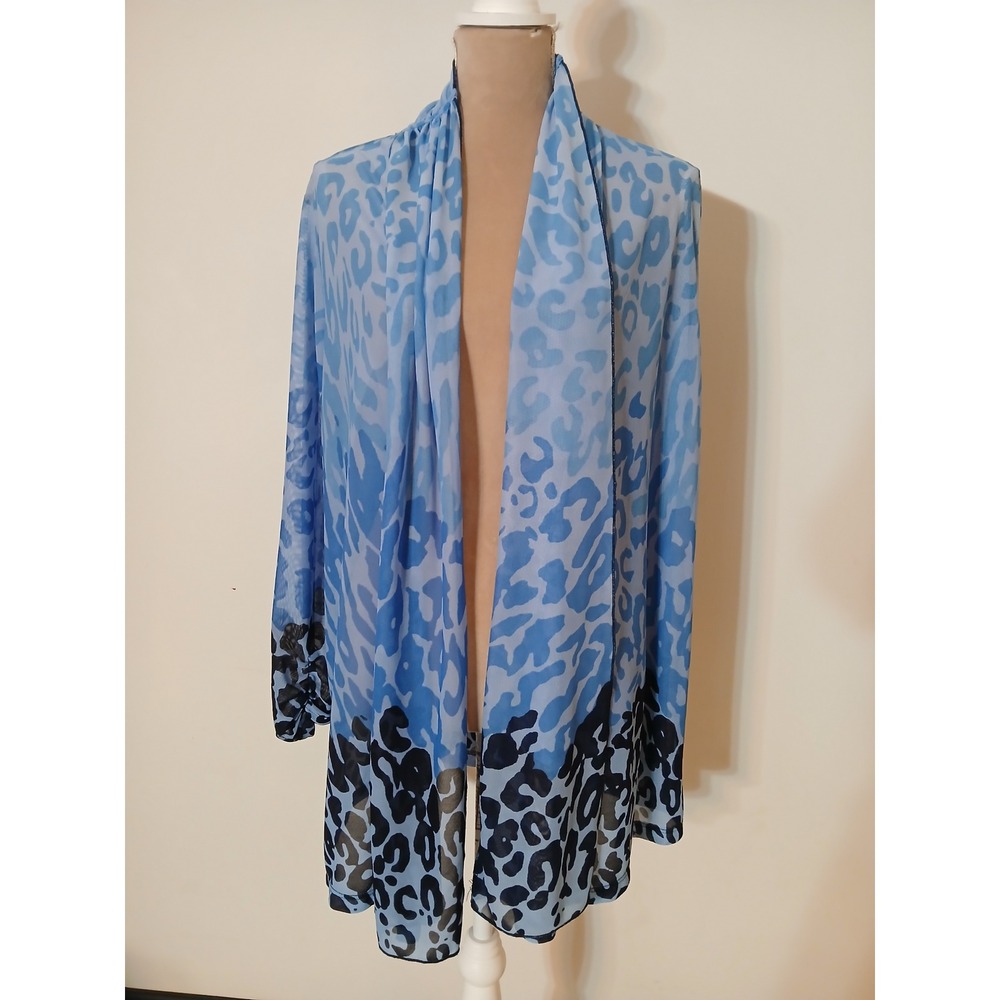 Susan Graver Blue Leopard Print Mesh Open Front Cardigan Womens 1X Animal Print